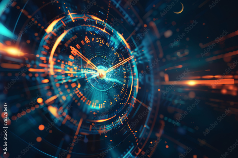 Aufkleber an abstract business background featuring a close-up of a clock, its hands pointing to different tim