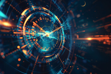 An abstract business background featuring a close-up of a clock, its hands pointing to different times