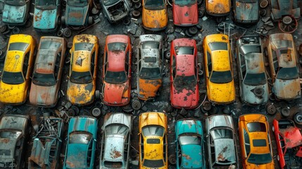 A bird's-eye view of abandoned multicolored old cars