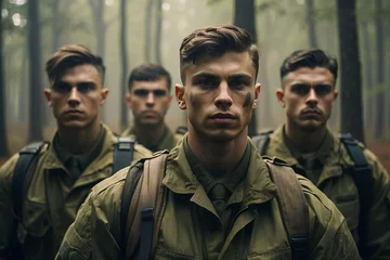 Fotobehang A squad of young boy soldiers in a thick green forest waiting for orders. Memorial Day. Independence Day in America. July 4 © Rayan Heaven