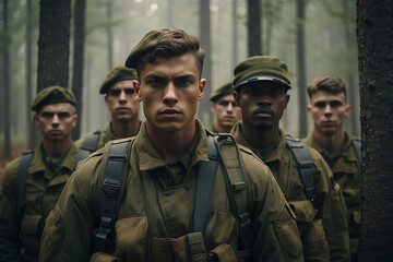 Fototapeta premium A squad of young boy soldiers in a thick green forest waiting for orders. Memorial Day. Independence Day in America. July 4