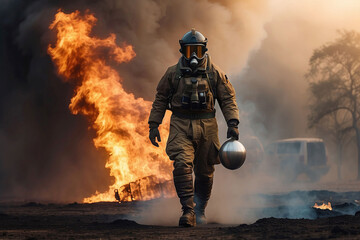 Naklejka premium A uniformed fireman is walking in front of the fire. Emergancy servise concept.
