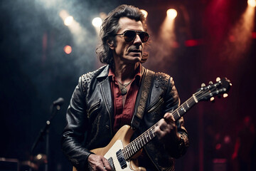 Obraz premium Portrait of a rock singer with electric guitar and attached acoustic microphone on a concert stage on the background of stage safeties. Heavy metal performer singing a song. Rock 'n' roll day concept