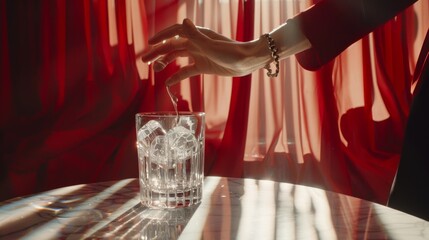 a person's hand pouring water into a glass with ice cubes on a table in front of a red curtain.