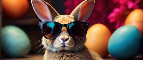 A fashionable and chic bunny wearing sunglasses, set against a vibrant and eye-catching background, copy space, eggs - obrazy, fototapety, plakaty