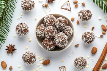 Sweet balls for Christmas snack with chocolate and pieces of almond and coconut on white table. Top view.