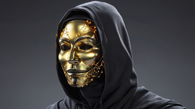 Person Wearing Gold Mask and Black Hood