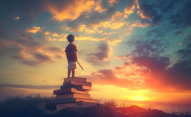 Kleiner Junge steht auf einem Stapel Bücher im Sonnenuntergang, Konzept Lesen, lernen und Fantasie - obrazy, fototapety, plakaty