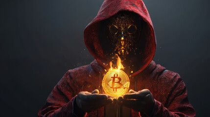 Naklejka premium Person in a Red Hoodie Holding a Glowing Bitcoin
