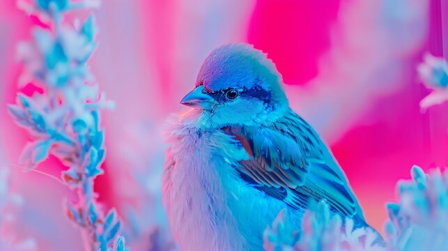 a small blue bird sitting on top of a blue and pink flower bush in front of a pink and blue background.