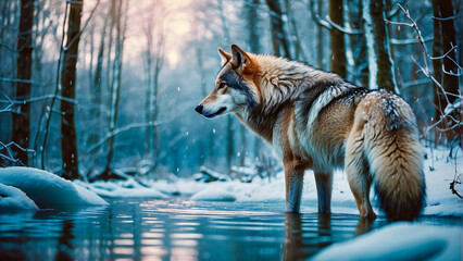 wolf in the snow - obrazy, fototapety, plakaty