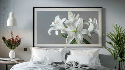 elegant bedroom design with a frame of white lilies art print, bedroom interior design