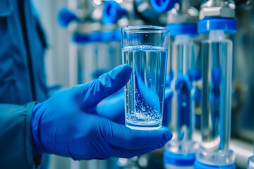 Water treatment technician showing glass of purified water with filters and tools in hand dressed in blue work equipment and white isolated background. Front view. Horizontal composition.