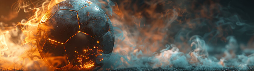 Weathered soccer ball rests on a forgotten field, shrouded in flames and mist. Dark light and orange tones, black background. Space for text.