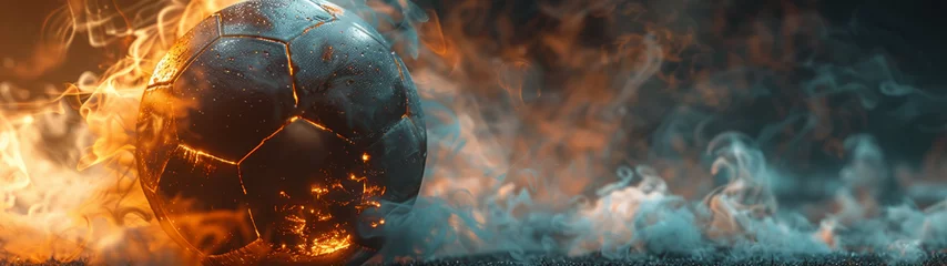 Foto op Plexiglas Weathered soccer ball rests on a forgotten field, shrouded in flames and mist. Dark light and orange tones, black background. Space for text. © Synaptic Studio