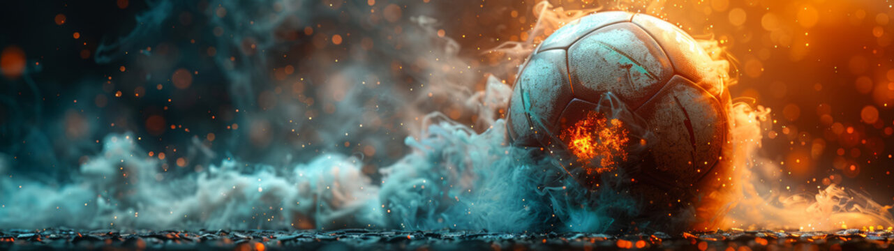 Weathered soccer ball rests on a forgotten field, shrouded in flames and mist. Dark light and orange tones, black background. Space for text.