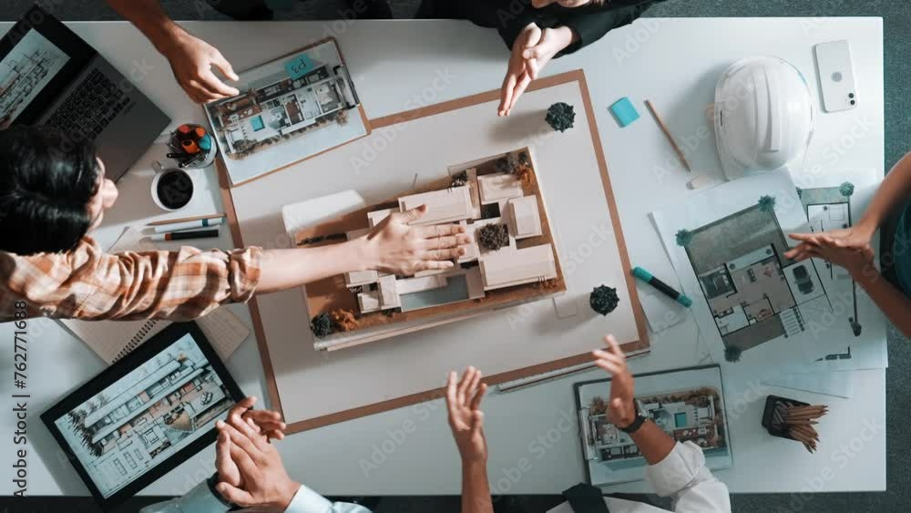 Aufkleber top view of smart manager clapping hands and putting hands together to celebrate project. aerial vie