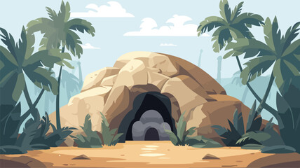 Christian illustration of burial cave. Happy Easter - obrazy, fototapety, plakaty