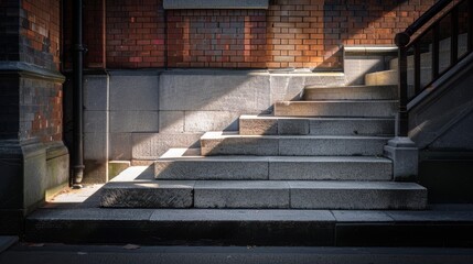 a set of concrete steps leading up to a brick building with a light coming from the top of one of the steps.