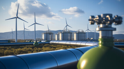 A hydrogen pipeline with wind turbines in the background
