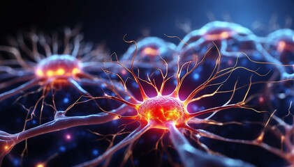 Close up active nerve cells. Human brain stimulation or activity with neurons, level of mind, intellectual achievements, possibility of people's intelligence, development of mental abilities concept, 