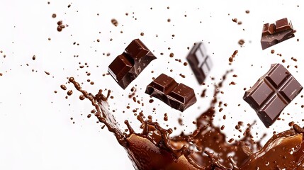 Delicious chocolate bar piece falling into chocolate splash