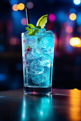 Gin Tonic angerichtet in einem edlen Glas, Limetten und Minze, Rooftop Bar - obrazy, fototapety, plakaty