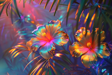Obraz na płótnie Canvas holographic vibrant tropical flowers at dusk