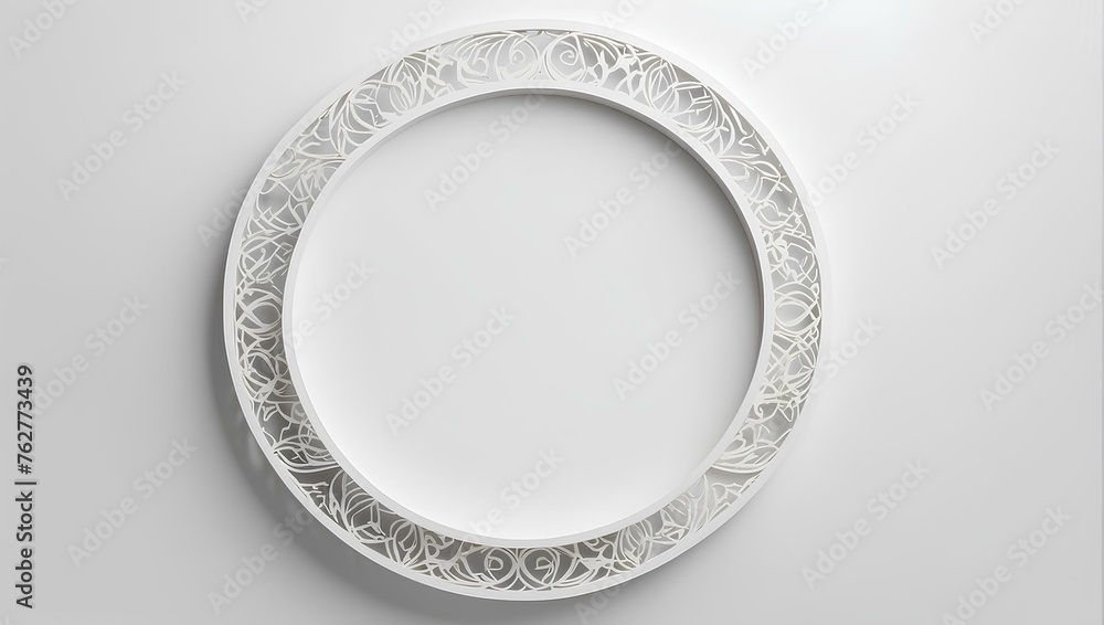 Poster ornated white frame in the shape of circle on white background with copy space, space for text and d