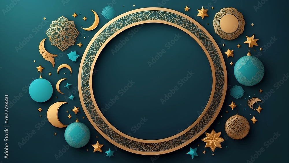 Poster ramadan frame in the shape of circle on dark blue background with copy space, space for text and des