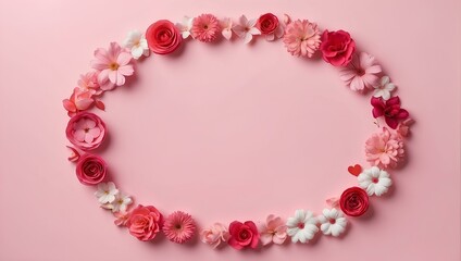 valentine frame of red roses in the shape of circle on pink background with copy space, space for text and design