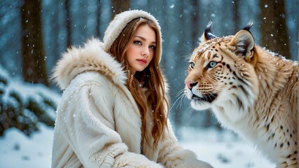 girl and tiger  in the snow - obrazy, fototapety, plakaty