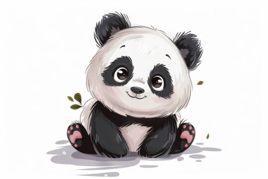 Cute little panda, kawaii character on white background