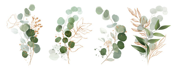 Watercolor bouquet of leaves and eucalyptus branch with gold. Botanical herbal illustration for wedding or greeting card. Hand painted spring composition isolated on white background. © Olga.And.Design