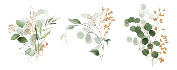 Watercolor bouquet of leaves and eucalyptus branch with gold. Botanical herbal illustration for wedding or greeting card. Hand painted spring composition isolated on white background. © Olga.And.Design
