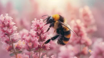 Fotobehang A bumblebee or bee pollinates a flower in spring or summer © CaptainMCity