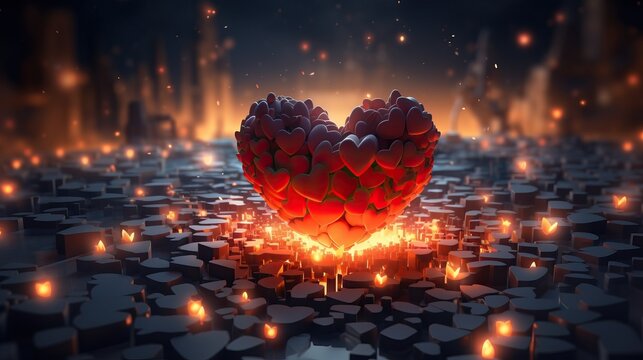 A single glowing heart shines among many broken hearts. 3D rendered illustration.



