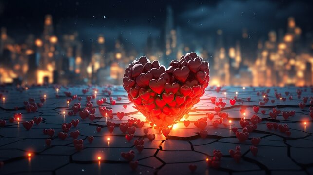 A single glowing heart shines among many broken hearts. 3D rendered illustration.


