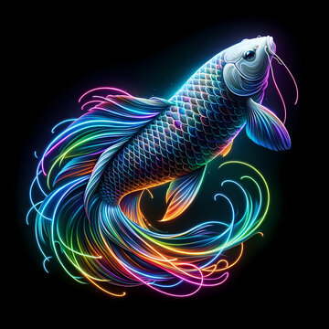 Picture of a full-body koi fish, glowing with beautiful rainbow line neon lights against a black background.