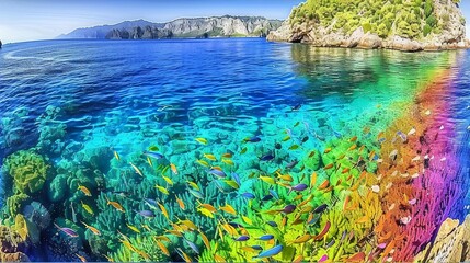 a rainbow of fish in the water near a rock outcropping with a small island in the background. - obrazy, fototapety, plakaty