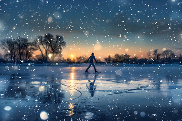 Glorious Dawn Ice Skating: A Graceful Silhouette Against a Wintry Dreamscape - obrazy, fototapety, plakaty