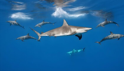 A Hammerhead Shark Swimming Alongside A Pod Of Dol Upscaled 5