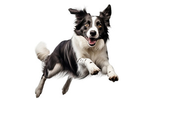 Black and white border collie jumping, isolated on white, transparent background. Portret of purebred dog, australian shepherd, pet. 