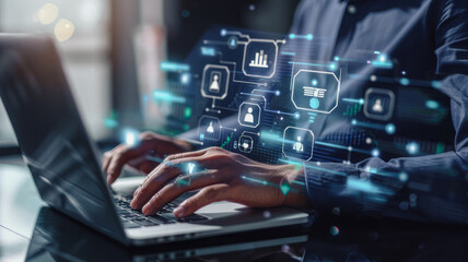 Businessman uses laptop for online document management, surrounded by floating file icons, showcasing technology's role in enhancing efficiency.