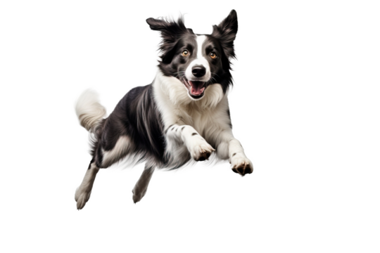 Black and white border collie jumping, isolated on white, transparent background. Portret of purebred dog, australian shepherd, pet. 