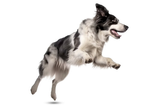 Black and white border collie jumping, isolated on white, transparent background. Portret of purebred dog, australian shepherd, pet. 