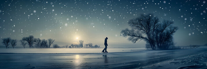 Glorious Dawn Ice Skating: A Graceful Silhouette Against a Wintry Dreamscape - obrazy, fototapety, plakaty
