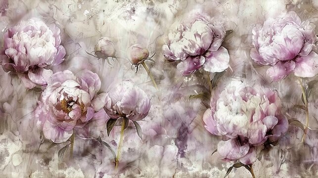 a painting of a bunch of pink flowers on a white and grey background with watercolor effect in the middle of the image.