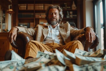 Man surrounded by a lot of cash