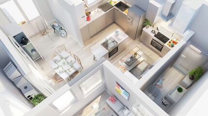 Aerial view of a small apartment with separate kitchen, architecture rendering with lots of details - obrazy, fototapety, plakaty